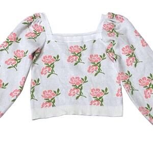 Willow & Wind Balloon Sleeve Crop White Sweater Pink Roses Square Neck XS